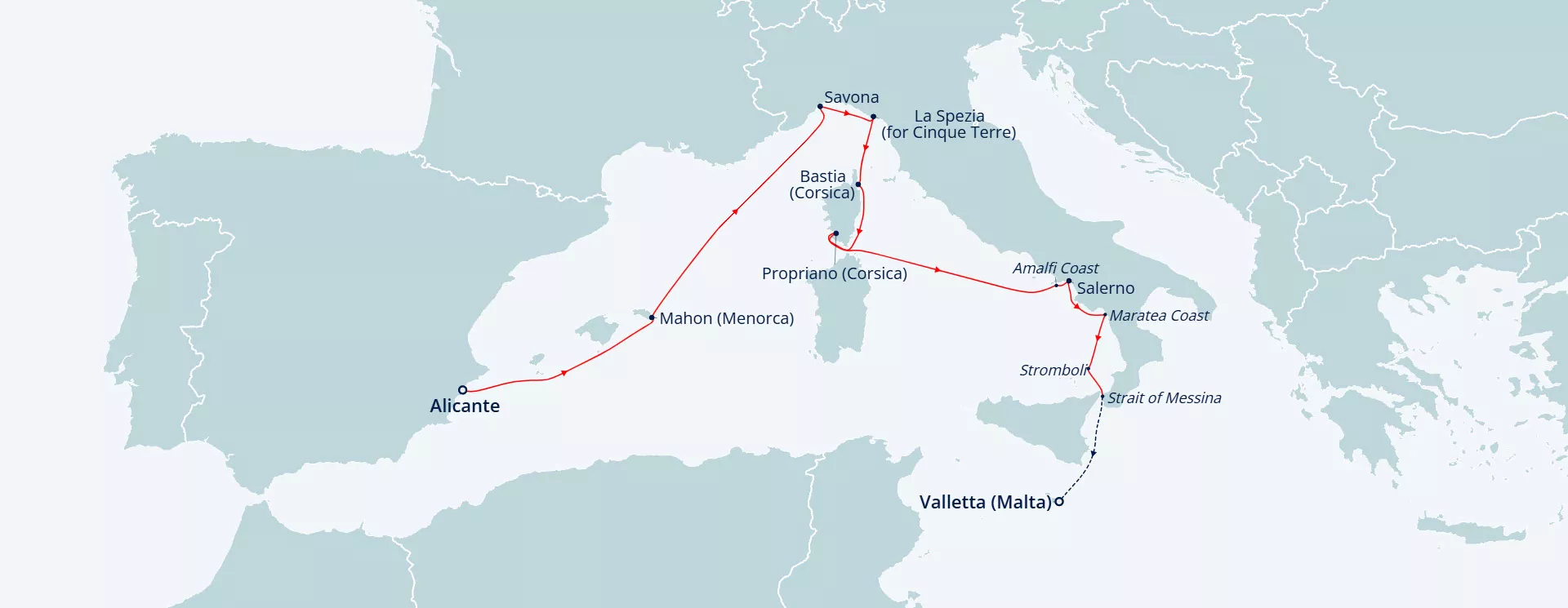 Itinerary map for Amalfi Coast - Italian Riviera & Corsica