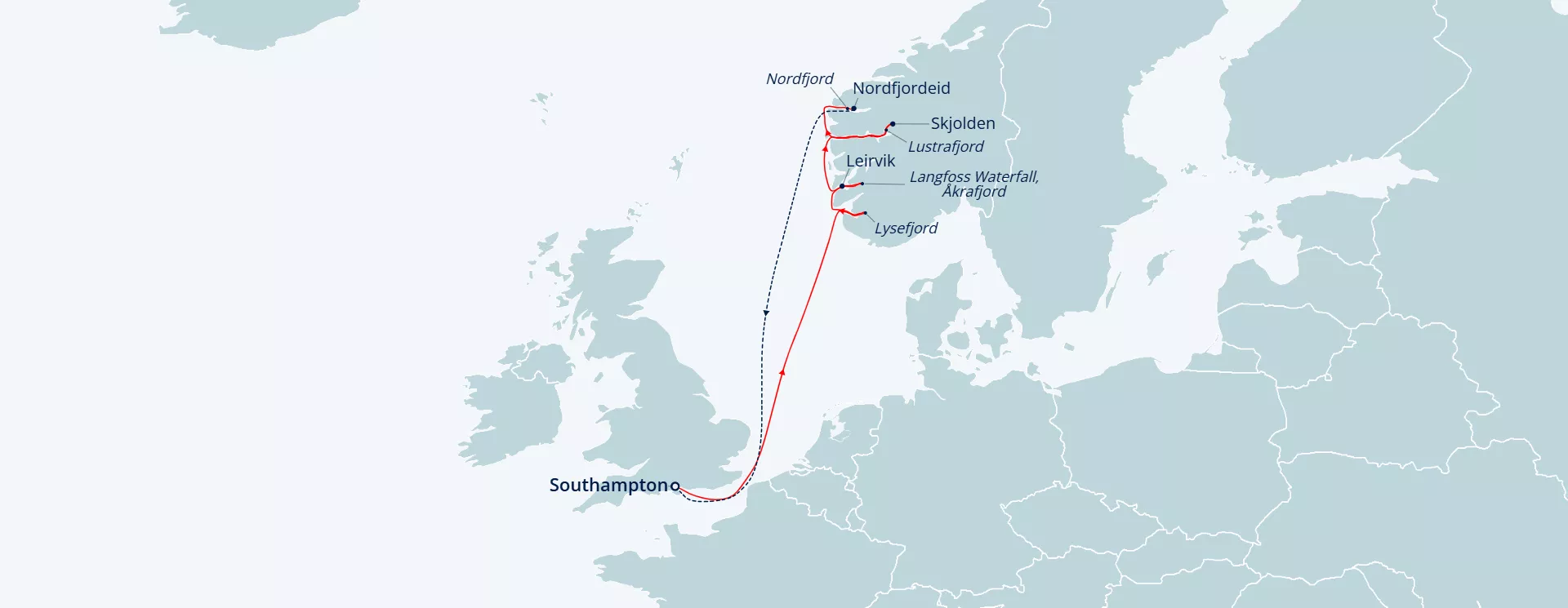 Itinerary map for Fjords Mountains and Waterfalls of Norway