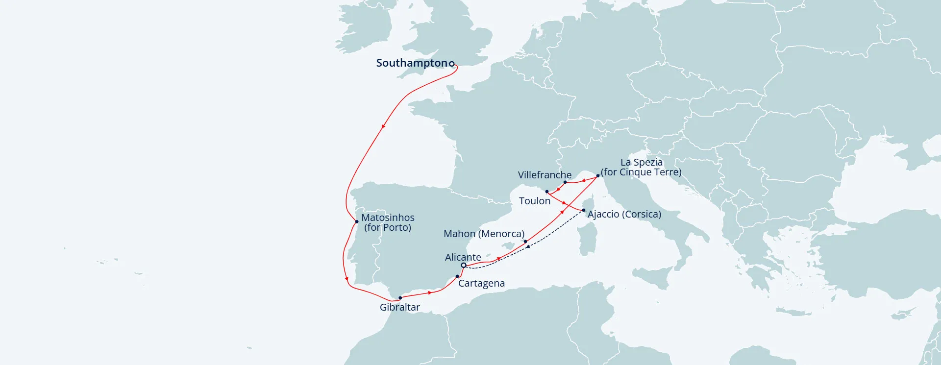 Itinerary map for Spain, Portugal & the Rivieras of France and Italy