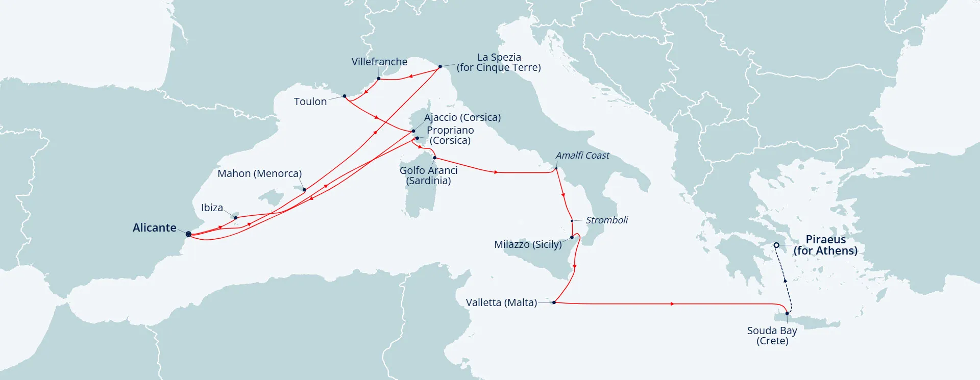 Itinerary map for Scenic Rivieras & Mediterranean Islands