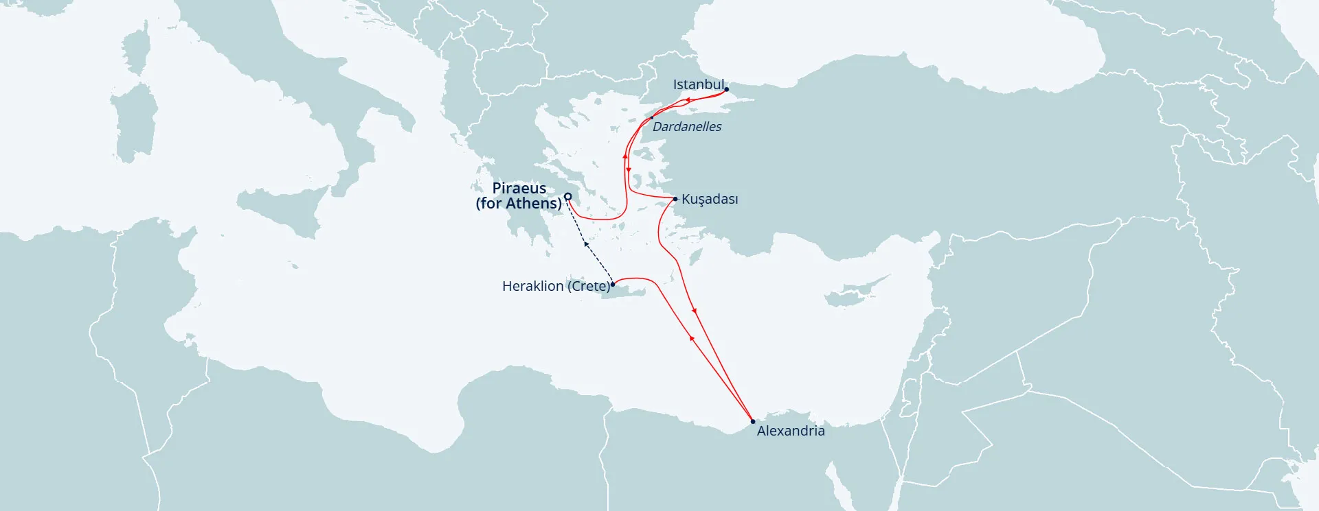 Itinerary map for Ancient Wonders of Turkey, Greece & Egypt